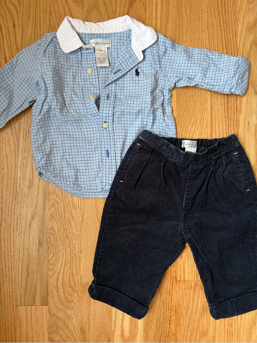 Ralph Lauren Blue Check Collared Kids Shirt & Corduroys set - Classic 6m